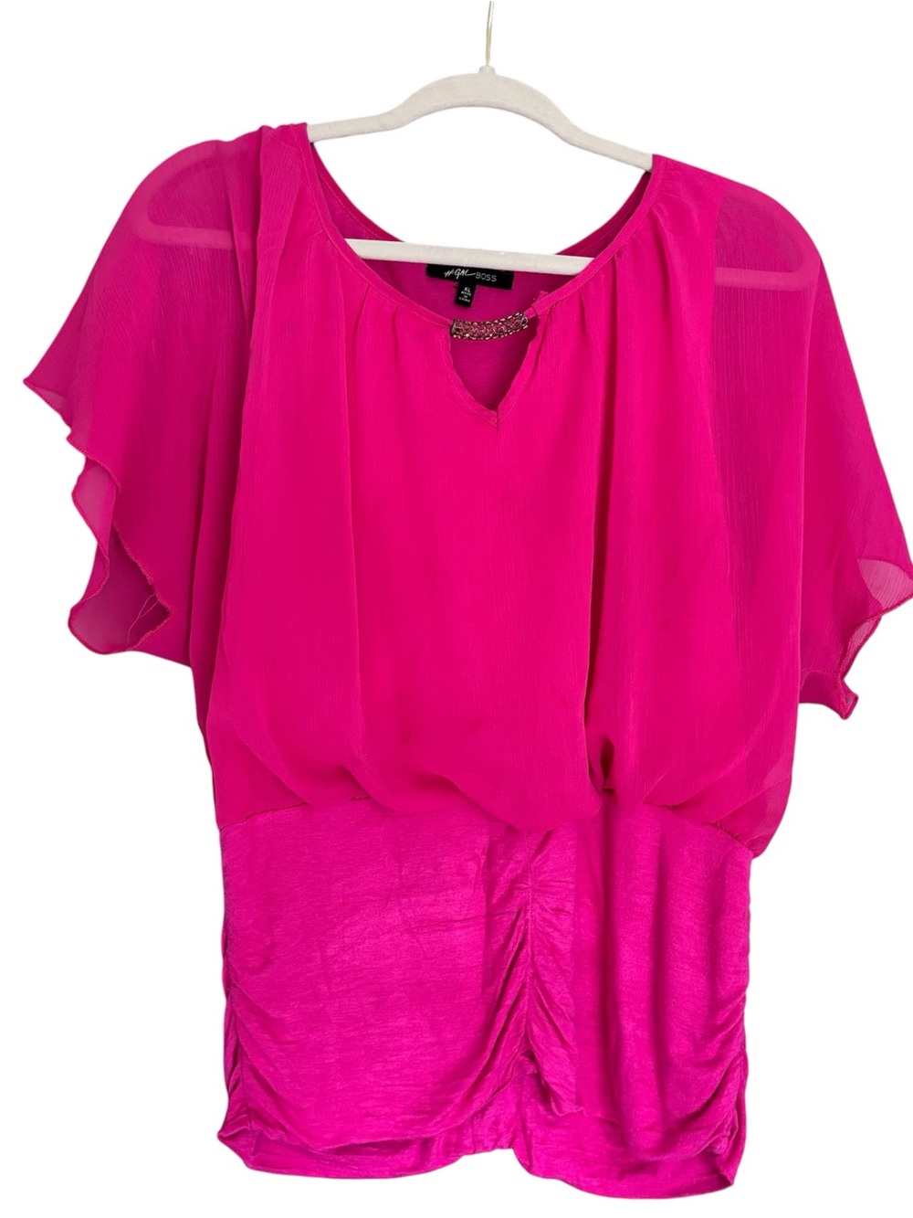 #GalBoss Bright Pink Short-Sleeve Blouse with Keyhole